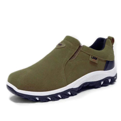Olivgrüner Herren-Sneaker, rutschfest, bequem, Outdoor, atmungsaktiv, mit weißer Sohle.
