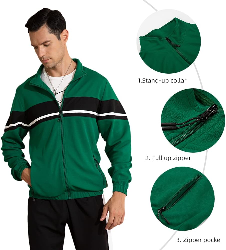 Grüne Herren-Trainingsjacke mit Stehkragen, Reißverschluss und Taschen, sportlich, bequem.