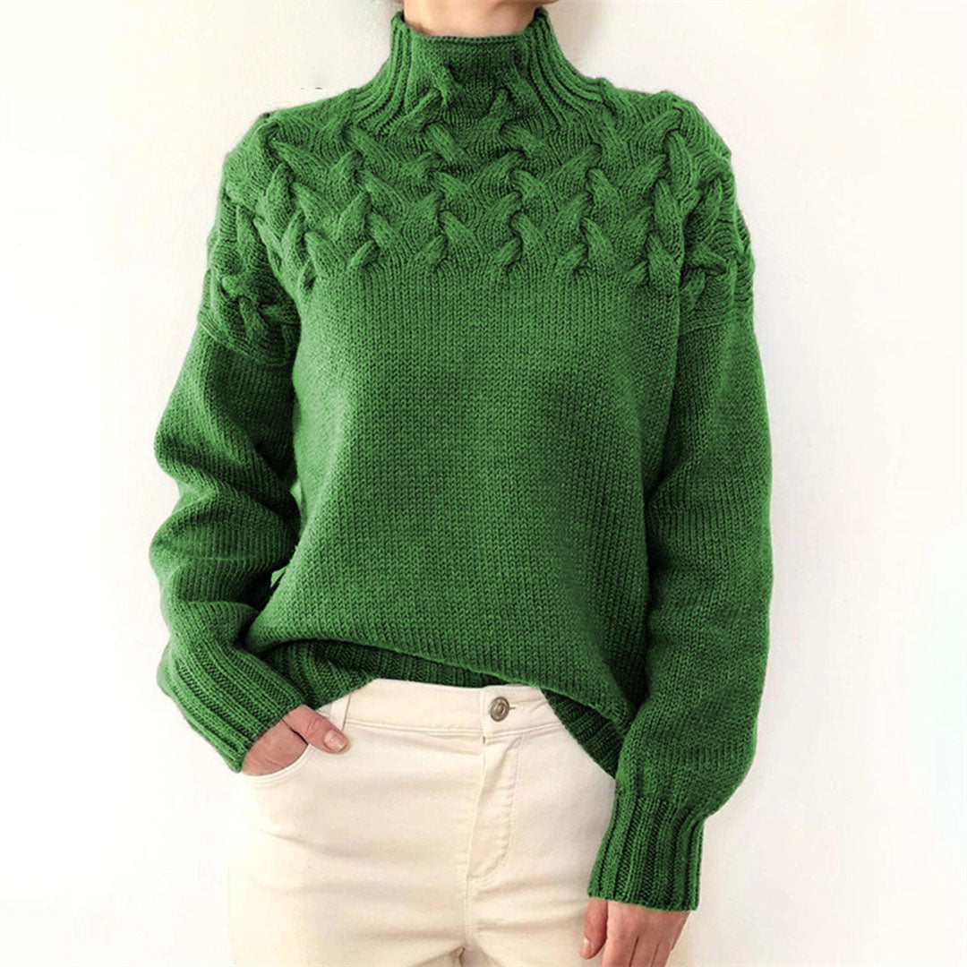 Grüner Strickpullover Damen, Zopfmuster, Baumwolle, modisch, warm, Herbstmode.