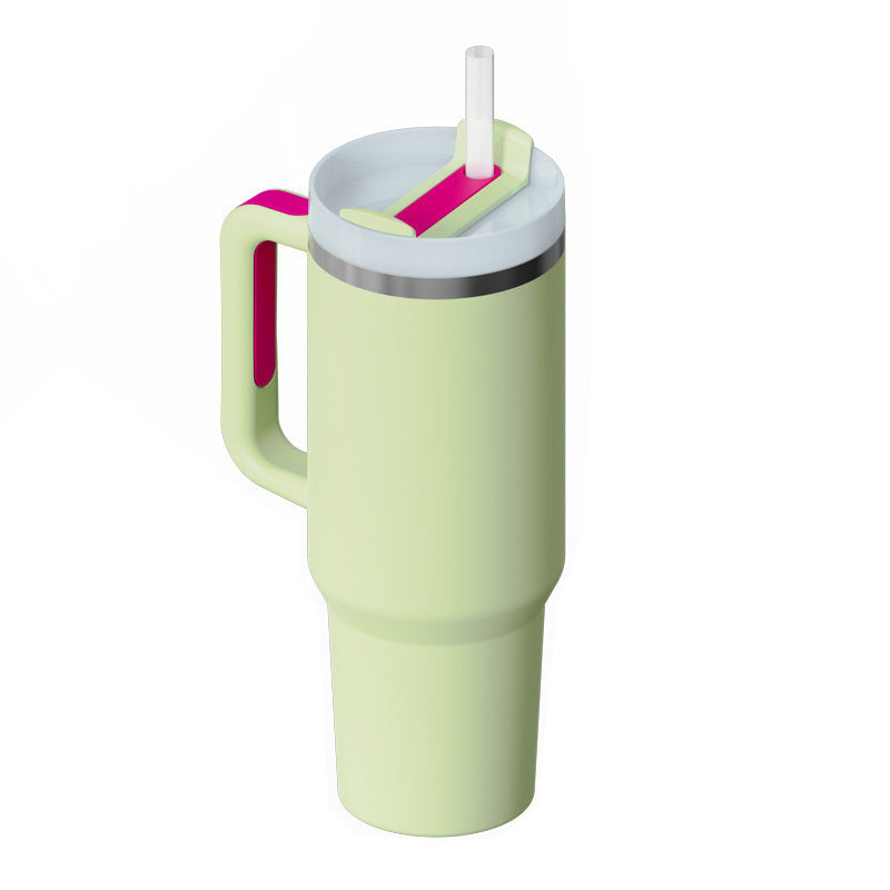 Grüner Thermobecher mit Henkel und Strohhalm, doppelwandig, aus Edelstahl, 1 Liter.