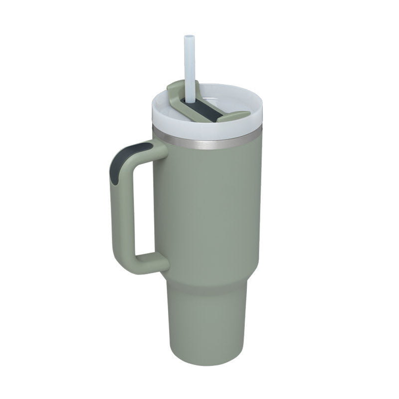 Grüner Thermobecher mit Henkel und Strohhalm, Edelstahl, 1 Liter, isoliert, wiederverwendbar.