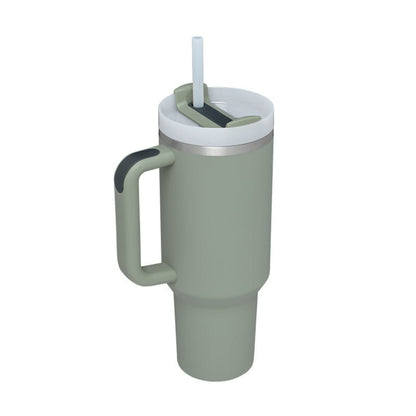 Grüner Thermobecher mit Henkel und Strohhalm, Edelstahl, 1 Liter, isoliert, wiederverwendbar.