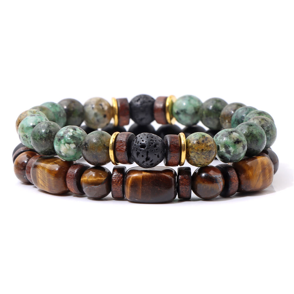 Zwei Armbänder aus Tigerauge, Lavastein und grünen Jaspisperlen, handgefertigt, elastisch.