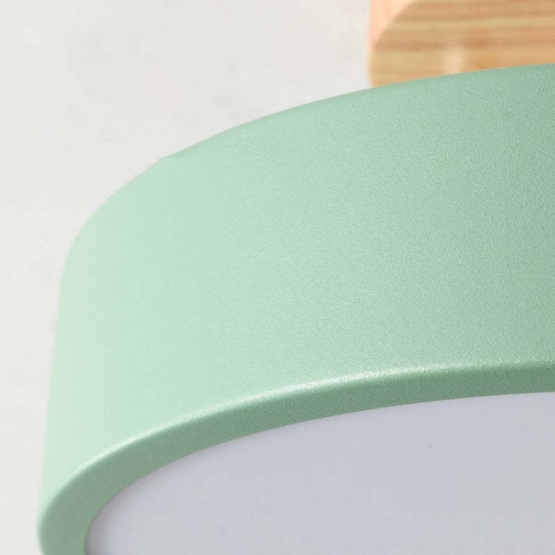 Grüne Deckenleuchte aus Metall, modernes Design, minimalistisch, Holzdetail, Innenbeleuchtung.