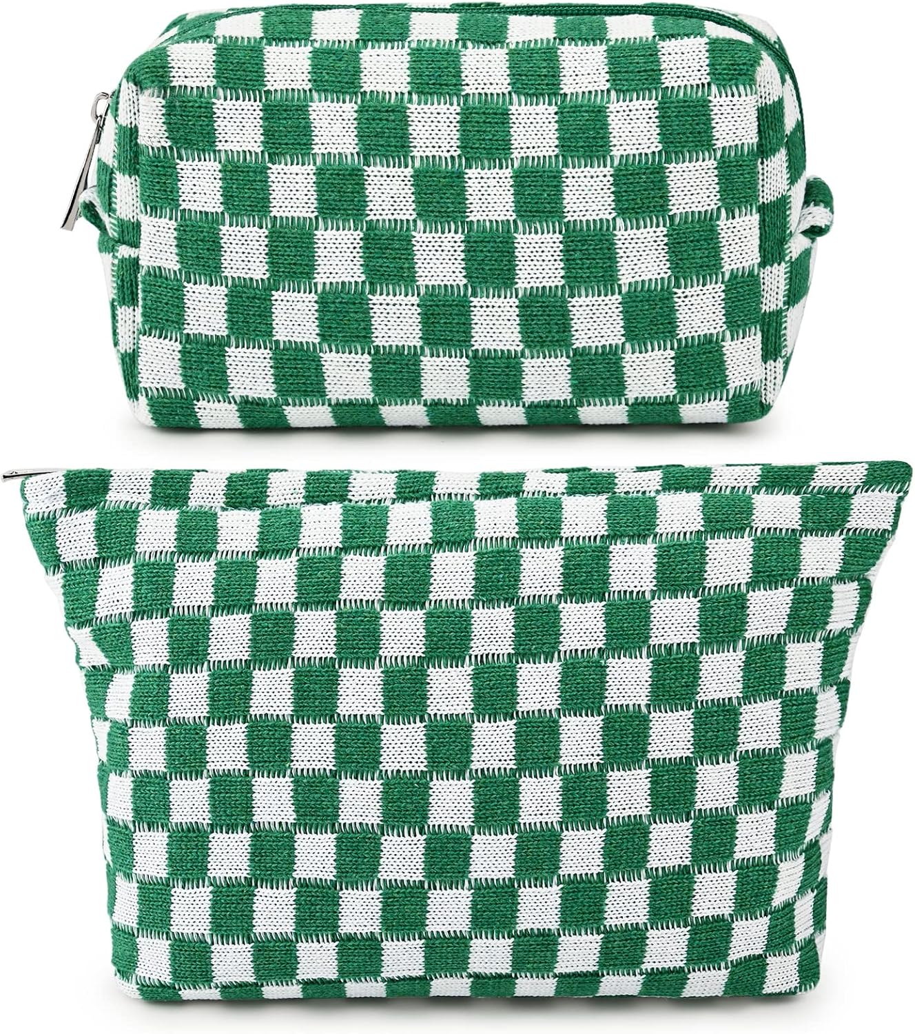 Grün-weiß karierte Kosmetiktasche, Reißverschluss, Baumwolle, Reise-Organizer, stilvoll.