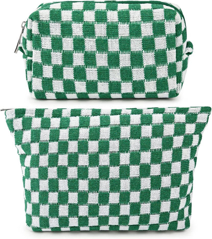 Grün-weiß karierte Kosmetiktasche, Reißverschluss, Baumwolle, Reise-Organizer, stilvoll.