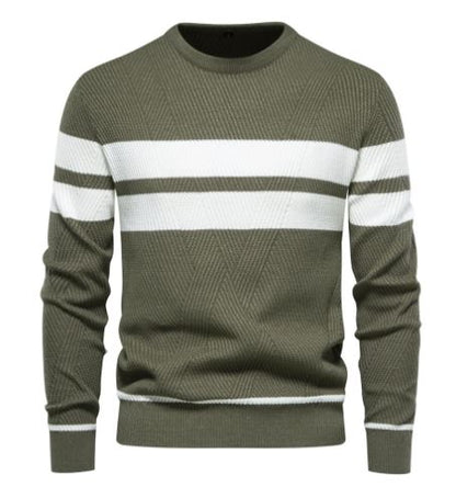Grüner Herrenpullover mit weißen Streifen, Strick, Rundhals, modisch, bequem.