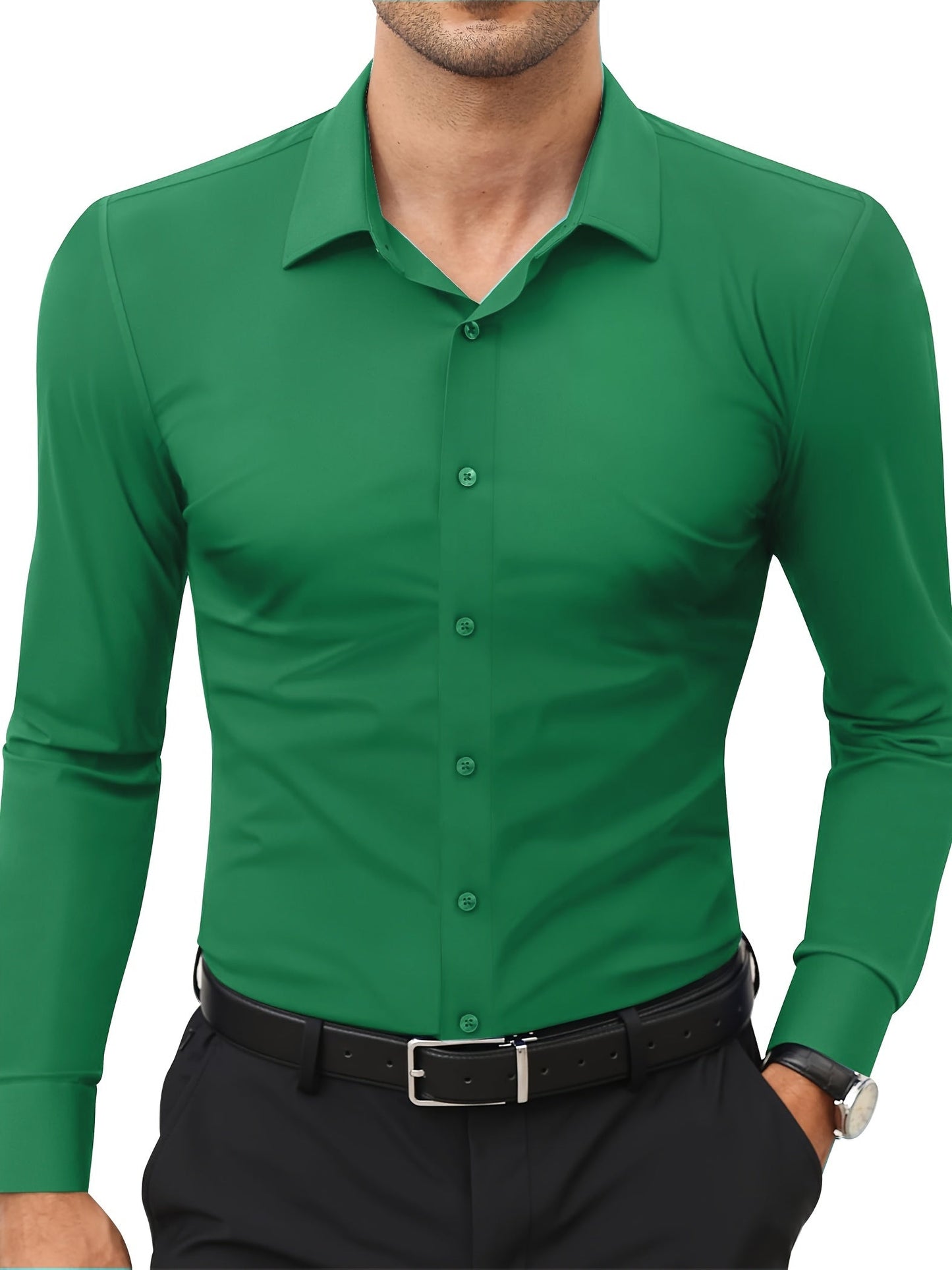 Grünes Herrenhemd, langärmelig, Knopfleiste, Business-Stil, elegantes Design.