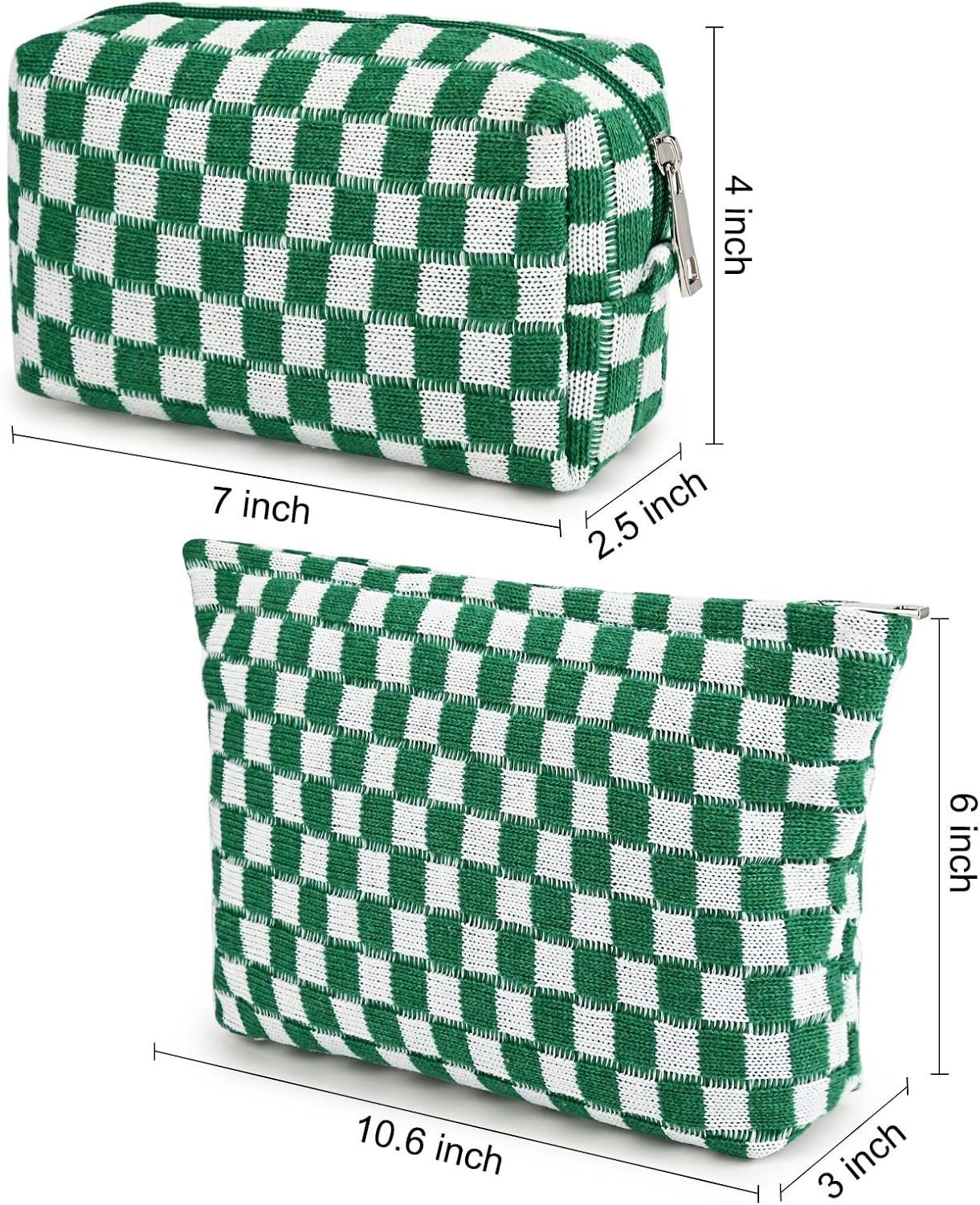 Grün-weiß karierte Kosmetiktasche, Reißverschluss, Baumwolle, 10,6x6 Zoll, Reise-Organizer.