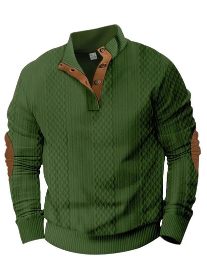 Grüne Outdoor-Strickpullover mit Patches, Herrenmode, warm, stilvoll, Freizeitkleidung.