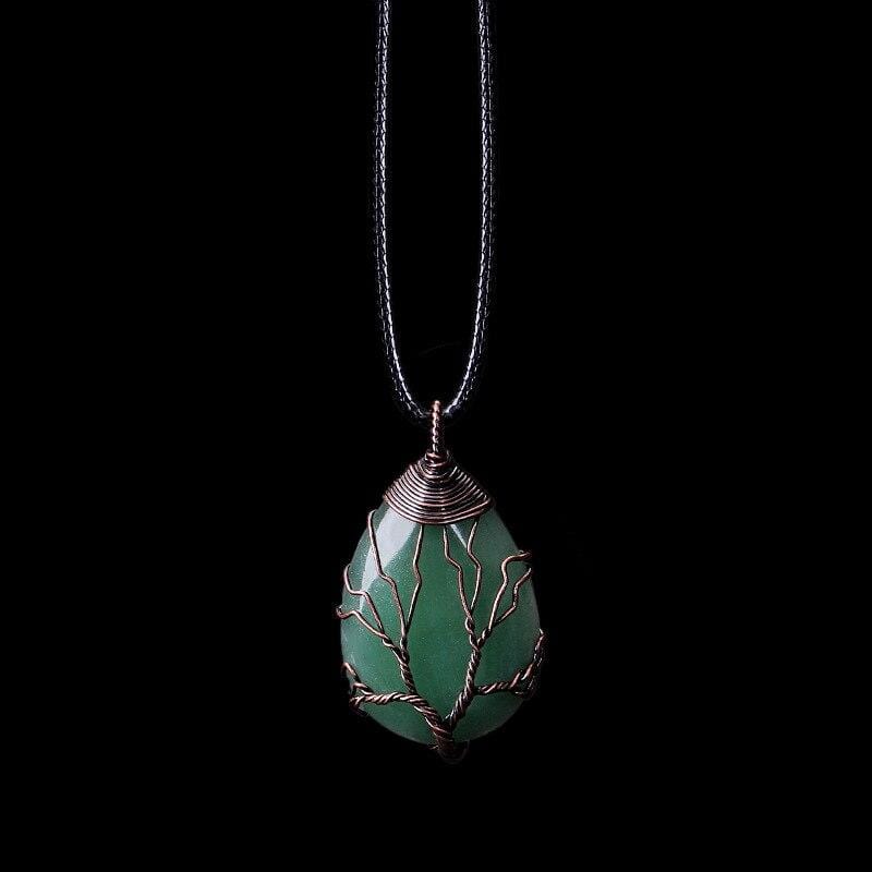 Grüner Aventurin Tropfen Halskette, handgemacht, Boho-Stil, schwarzes Band, Kupferdraht.