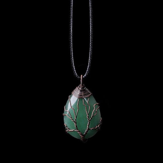 Grüner Aventurin Tropfen Halskette, handgemacht, Boho-Stil, schwarzes Band, Kupferdraht.