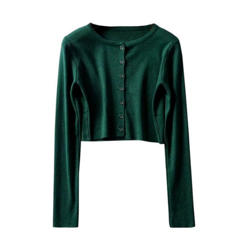Dunkelgrüne Damen-Strickjacke, langärmelig, Knopfleiste, modisch, elegant, Herbstmode.