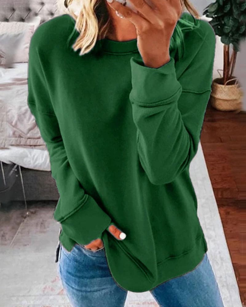 Grüner Damenpullover, lässig, langärmelig, Baumwolle, modisch, bequem, Herbstmode.