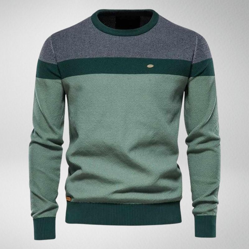 Grüner Herrenpullover, Rundhals, gestreift, Baumwolle, modisch, bequem, Herbstmode.