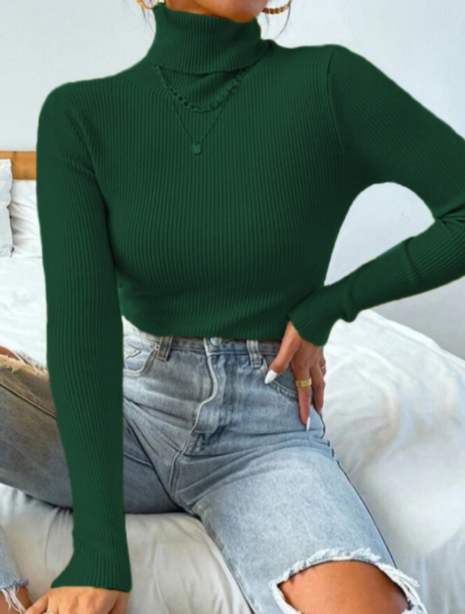 Grüner Rollkragenpullover Damen, gerippt, langärmelig, modisch, bequem, Herbstmode.