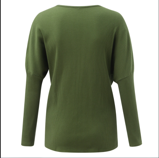 Grüner Damenpullover, langärmelig, gerippt, Baumwolle, modisch, bequem, Herbstmode.