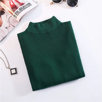 Grüner Rollkragenpullover aus Strick, Damenmode, Herbst-Winter, elegant, warm, modisch.