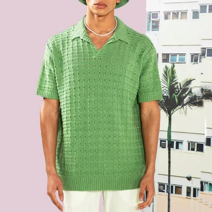 Grüner Strickpullover Herren, Kurzarm, V-Ausschnitt, Sommermode, Baumwolle.