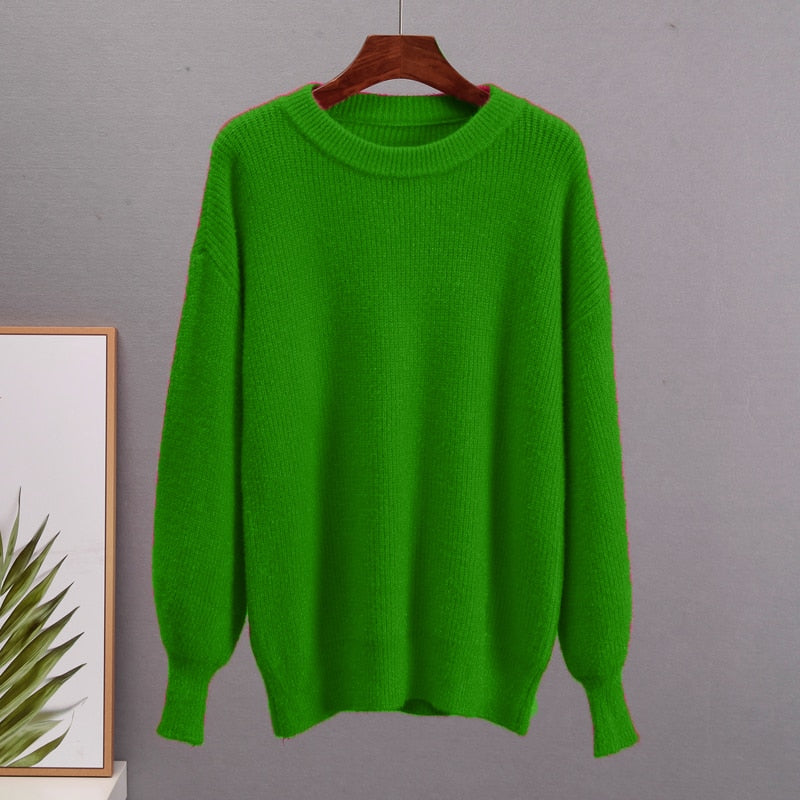 Grüner Damenpullover aus Strick, langärmelig, weiches Material, modisch, bequem.