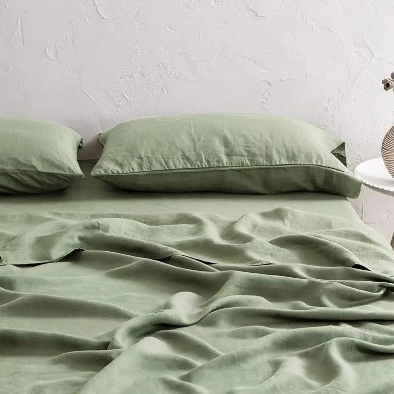 Grünes Leinenbettwäsche-Set, Doppelbett, Kissenbezüge, weiches Material, Schlafzimmer-Dekor.