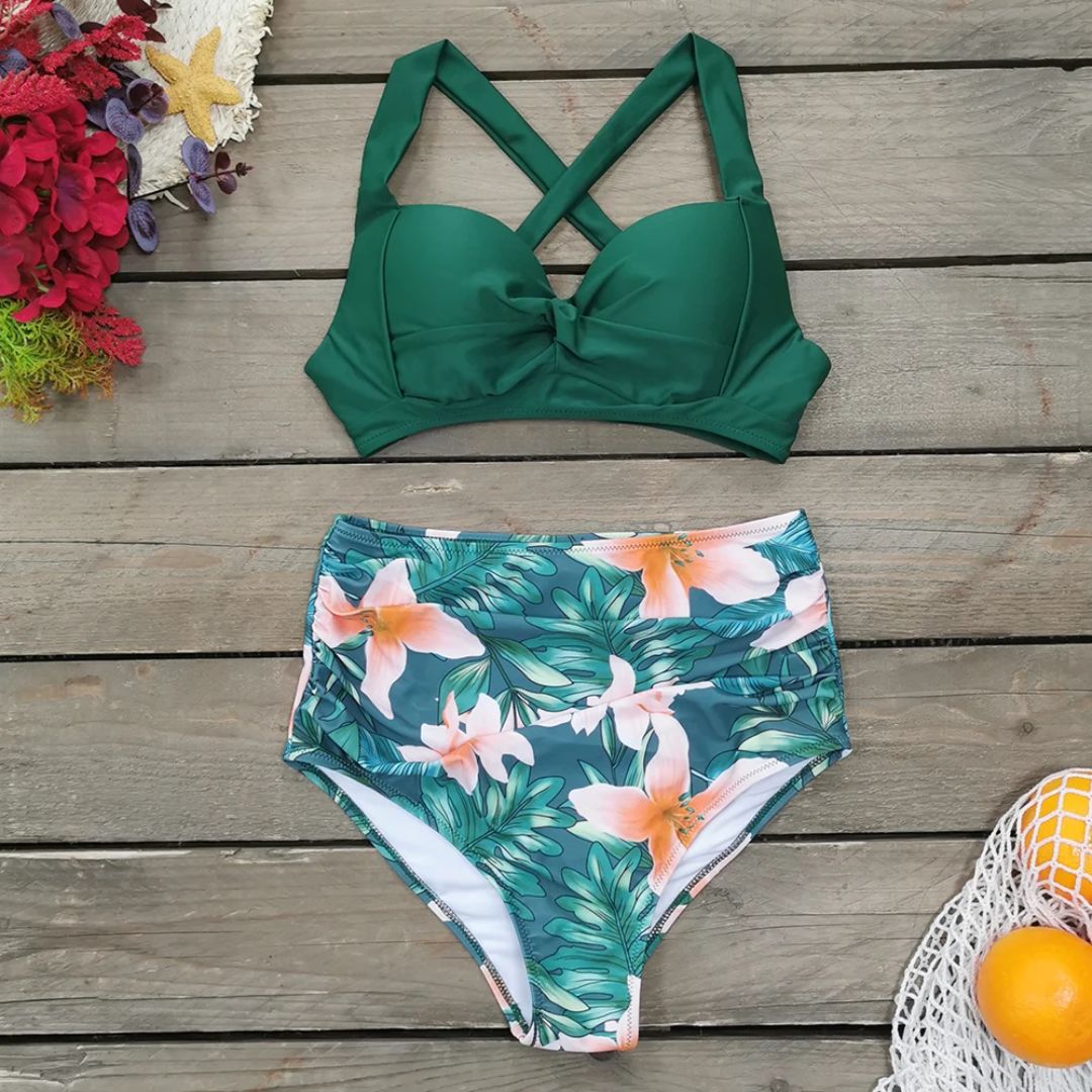 Grüner Bikini mit Blumenmuster, Damen-Bademode, hoher Bund, Sommermode, Strandkleidung.