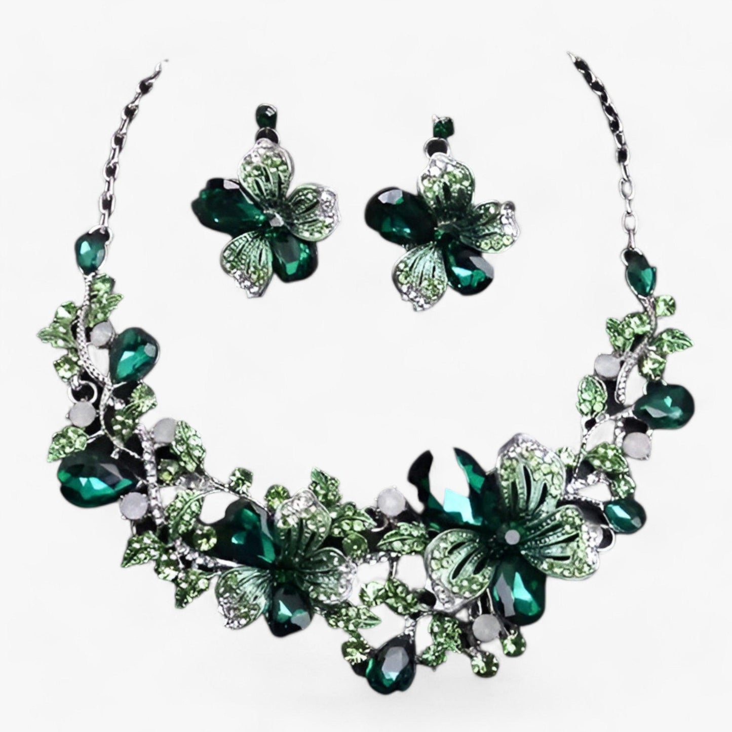 Grünes Blumen-Schmuckset, Halskette und Ohrringe, Kristall, elegant, Damenmode.