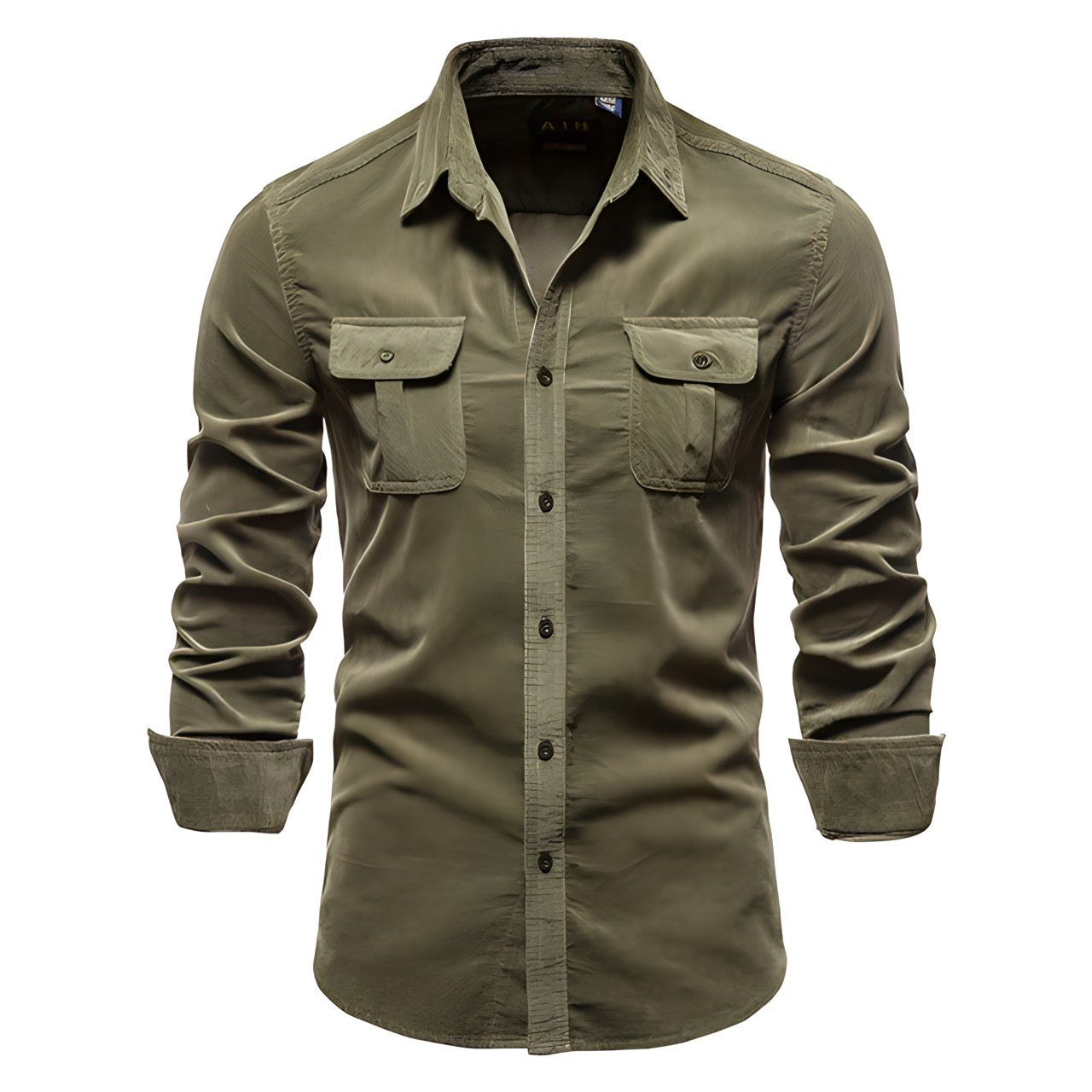 Olivgrünes Herrenhemd aus Cord, einreihig, 100% Baumwolle, Business Casual Mode.