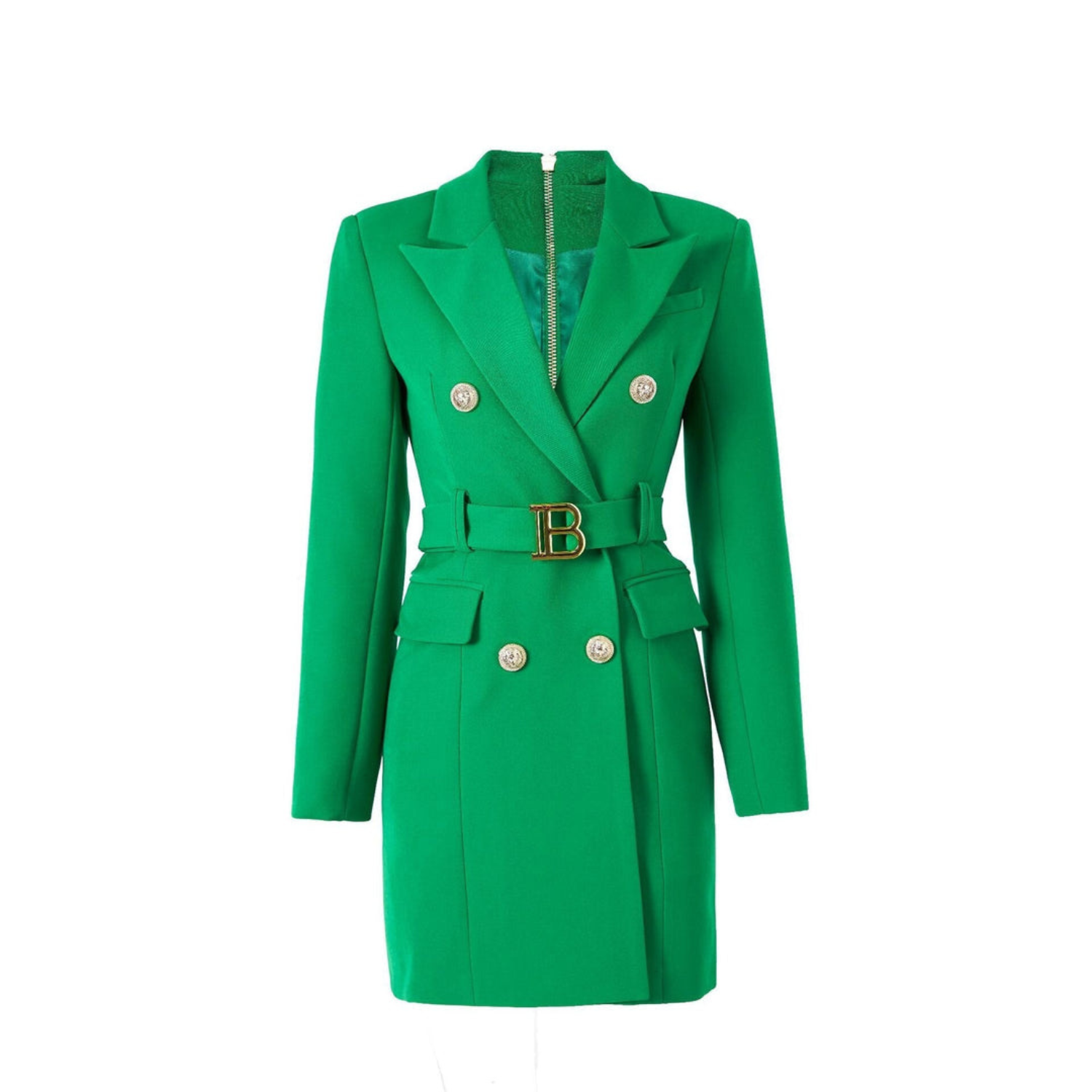 Grüner Damenblazer mit Gürtel, doppelreihig, elegantes Design, modische Damenbekleidung.