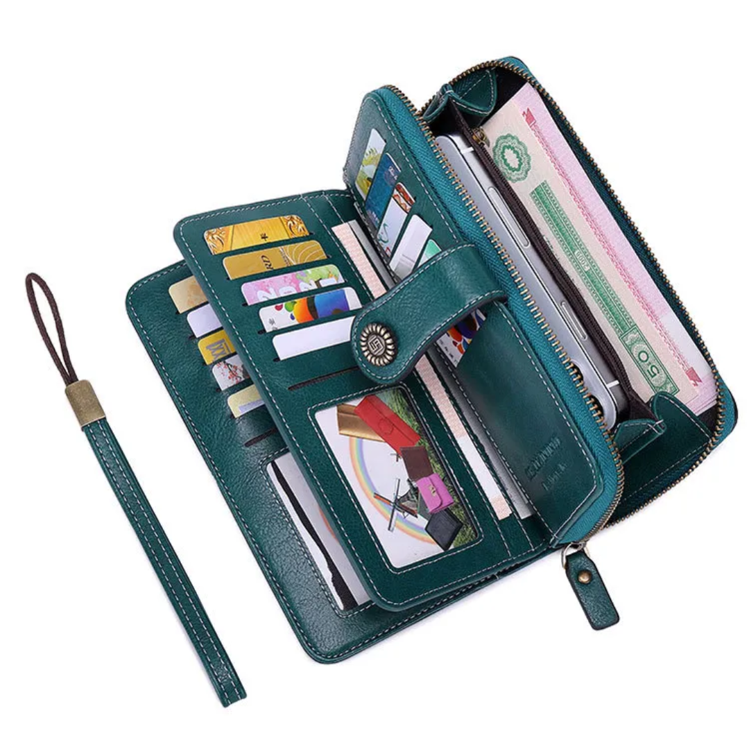 Grüne Leder-Geldbörse mit Reißverschluss, Kartenfächern und Geldscheinfach, Damen-Accessoire.