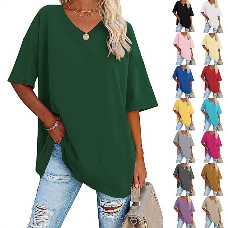 Damen Oversize T-Shirt, grün, V-Ausschnitt, Baumwolle, lässig, verschiedene Farben, Mode.