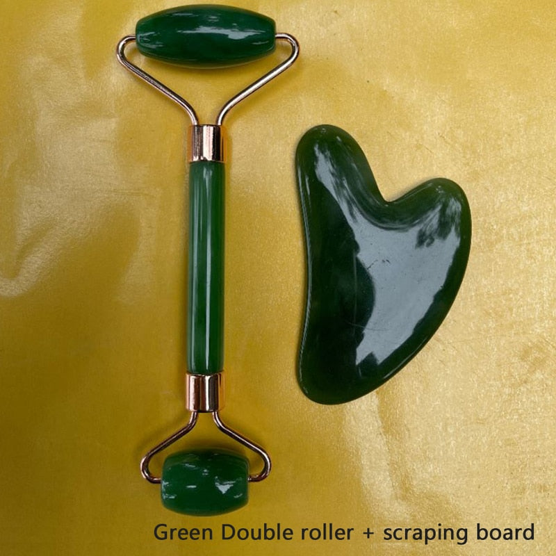 Grüner Jade-Gesichtsroller und Gua Sha Schaber, Massagewerkzeug, Hautpflege-Set.