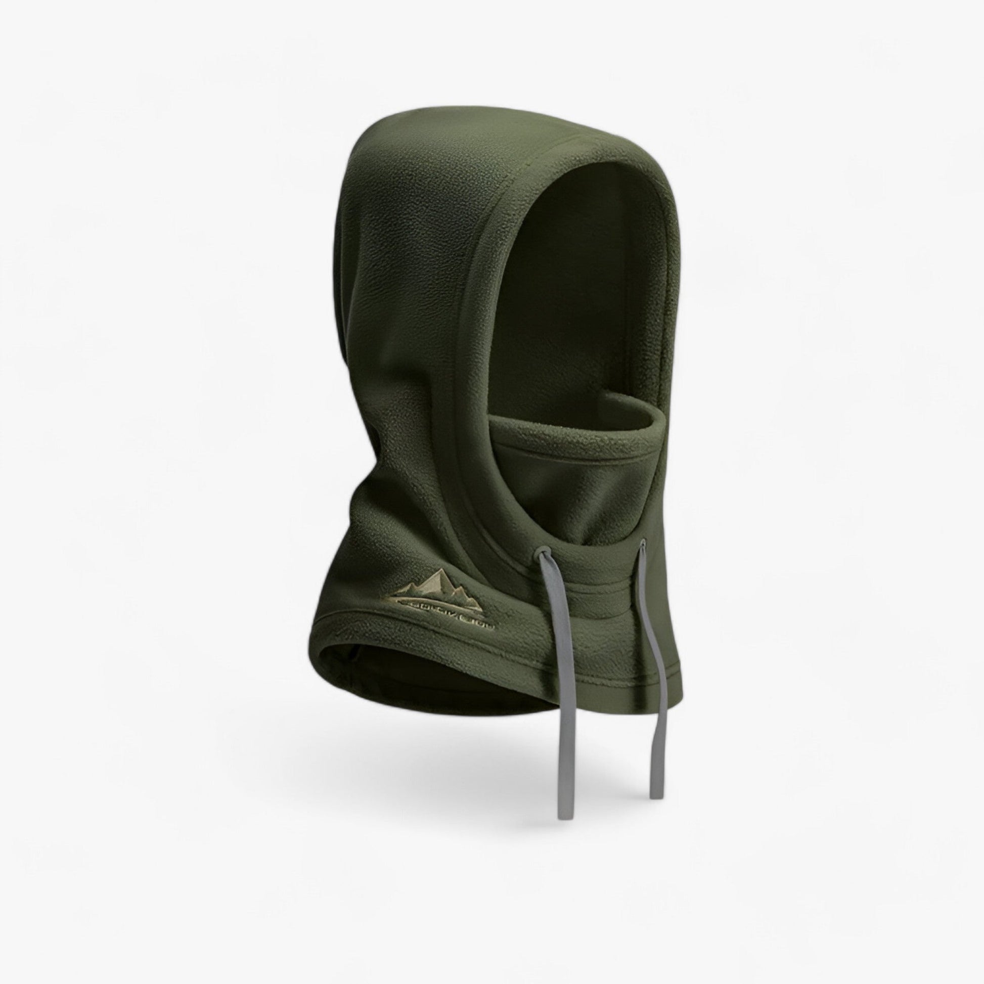 Grüne Fleece-Sturmhaube mit Kordelzug, Outdoor-Bekleidung, winddicht, warm, für Winter.