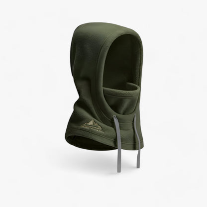 Grüne Fleece-Sturmhaube mit Kordelzug, Outdoor-Bekleidung, winddicht, warm, für Winter.