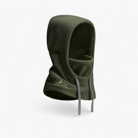 Grüne Fleece-Sturmhaube mit Kordelzug, Outdoor-Bekleidung, winddicht, warm, für Winter.