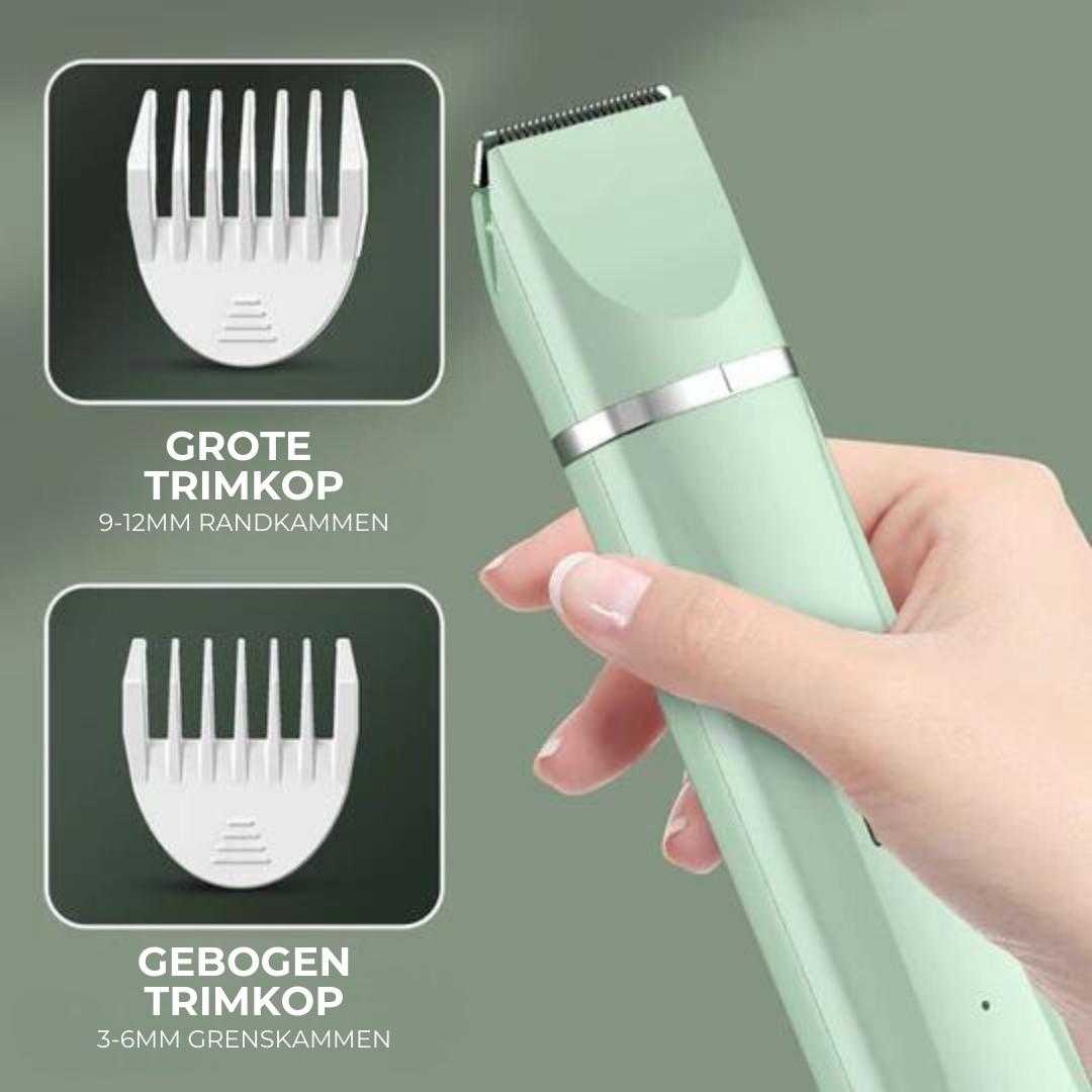 Grüner elektrischer Haarschneider mit zwei weißen Trimmaufsätzen, ergonomisches Design.