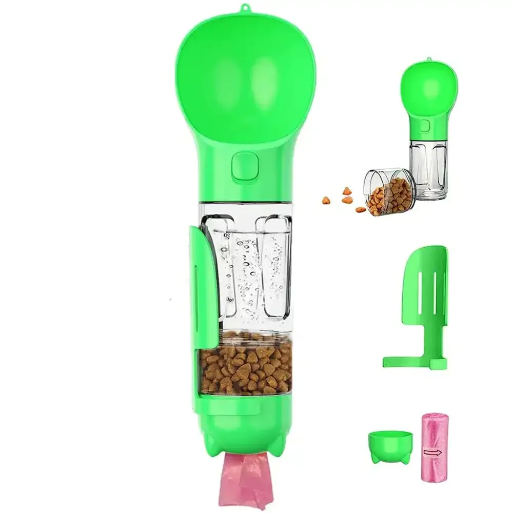 Grüner tragbarer Hundefutter- und Wasserspender, multifunktional, mit Beutelspender.
