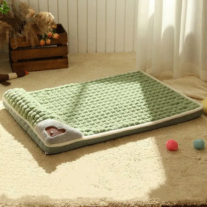 Grüne Haustiermatte aus weichem Material, ideal für Hunde und Katzen, auf beigem Teppich.