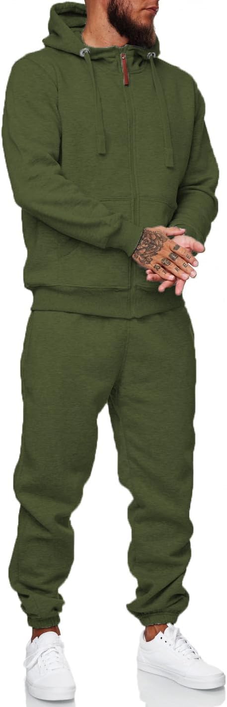 Grüner Herren-Trainingsanzug, Kapuzenpullover und Jogginghose, sportlich, bequem.