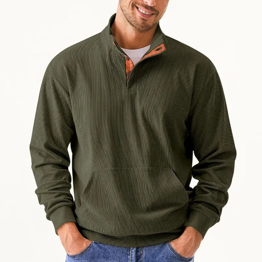 Grüner Herrenpullover mit Reißverschluss, geripptes Design, Freizeitmode, Baumwolle.