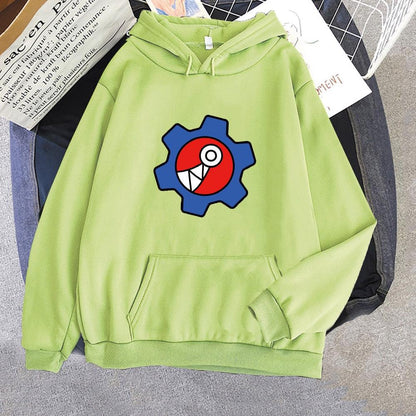 Grüner Kapuzenpullover mit buntem Zahnrad-Design, Baumwolle, Unisex, modisch, bequem.