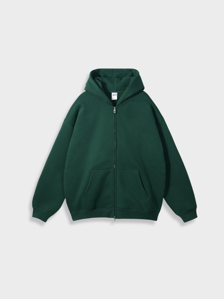 Dunkelgrüner Kapuzenpullover mit Reißverschluss, Unisex, Baumwolle, lässige Mode, Herbstbekleidung.