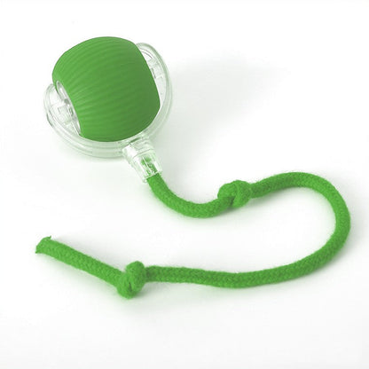 Grüner Hundespielzeugball mit Seil, robustes Kauspielzeug aus Gummi und Kunststoff.