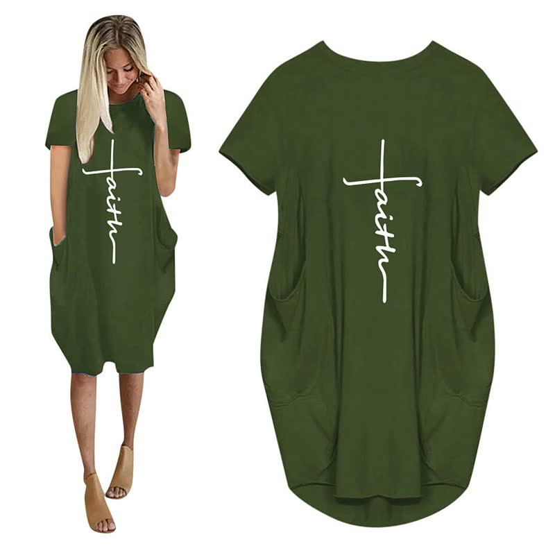 Damen T-Shirt-Kleid, olivgrün, mit "Faith"-Aufdruck, lässig, kurze Ärmel, Taschen.