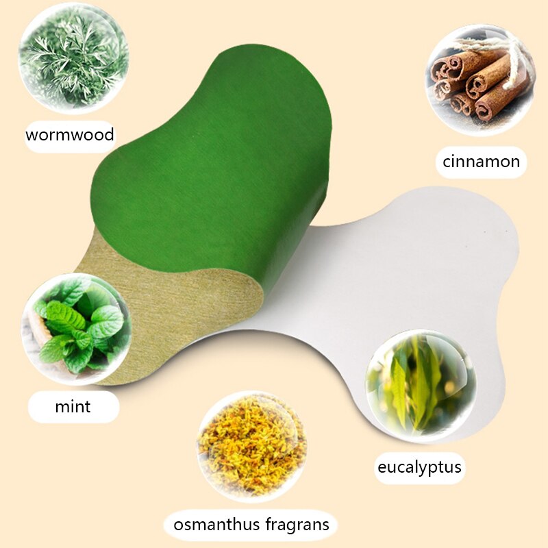 Grüner Kräuterpflaster mit Wermut, Zimt, Minze, Eukalyptus, Osmanthus fragrans auf beigem Hintergrund.