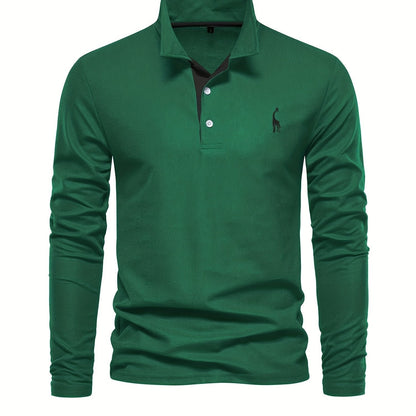 Grünes Langarm-Poloshirt für Herren, Baumwolle, klassischer Kragen, Freizeitmode.