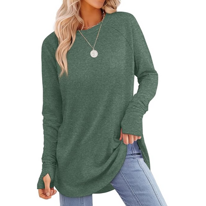 Grüner Damenpullover, langärmelig, lässig, weiches Material, ideal für Herbstmode.