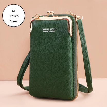 Grüne Leder-Handytasche mit Schulterriemen und Reißverschluss, elegantes Design.