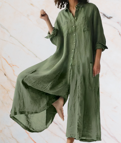 Grünes Leinenkleid Damen, lang, lässig, Knopfleiste, Taschen, elegantes Design, Sommermode.