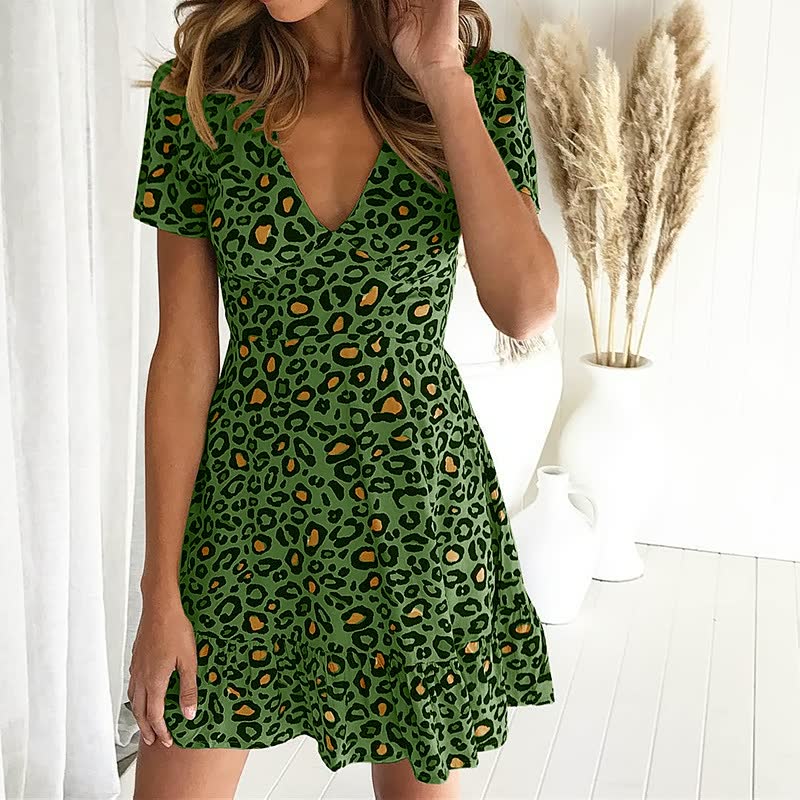 Grünes Leopardenmuster-Kleid, V-Ausschnitt, Kurzarm, Damenmode, Sommerkleid.